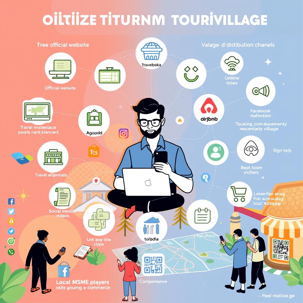 A modern and interactive illustration depicting various distribution channels in the digitalization of village tourism