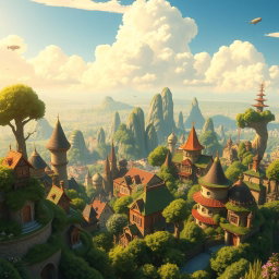 A vibrant, high-altitude cityscape in the enchanting Studio Ghibli style, featuring lush greenery, whimsical buildings with organic shapes, and intricate details