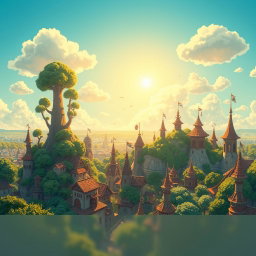 A vibrant, high-altitude cityscape in the enchanting Studio Ghibli style, featuring lush greenery, whimsical buildings with organic shapes, and intricate details