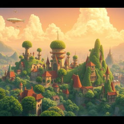 A vibrant, high-altitude cityscape in the enchanting Studio Ghibli style, featuring lush greenery, whimsical buildings with organic shapes, and intricate details