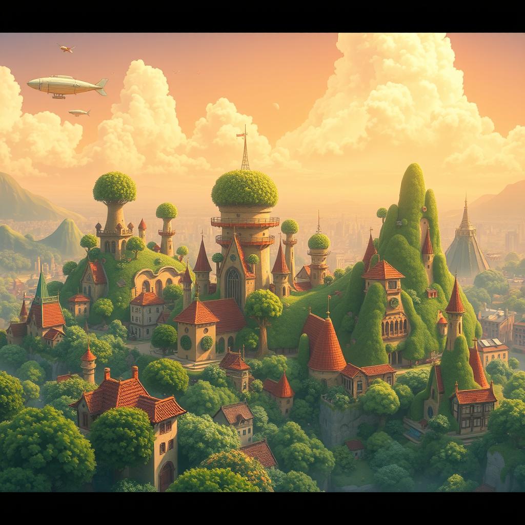 A vibrant, high-altitude cityscape in the enchanting Studio Ghibli style, featuring lush greenery, whimsical buildings with organic shapes, and intricate details
