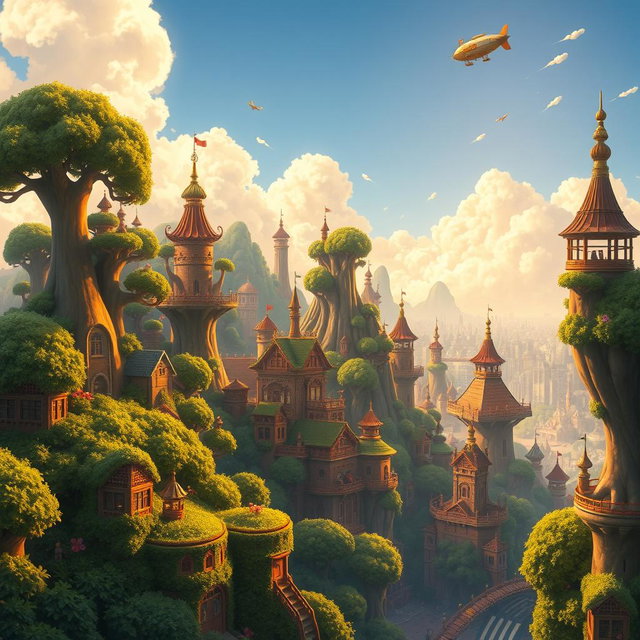 A vibrant, high-altitude cityscape in the enchanting Studio Ghibli style, featuring lush greenery, whimsical buildings with organic shapes, and intricate details