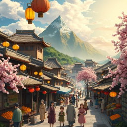 A vibrant 1920's era Chinese city depicted in the enchanting Studio Ghibli style