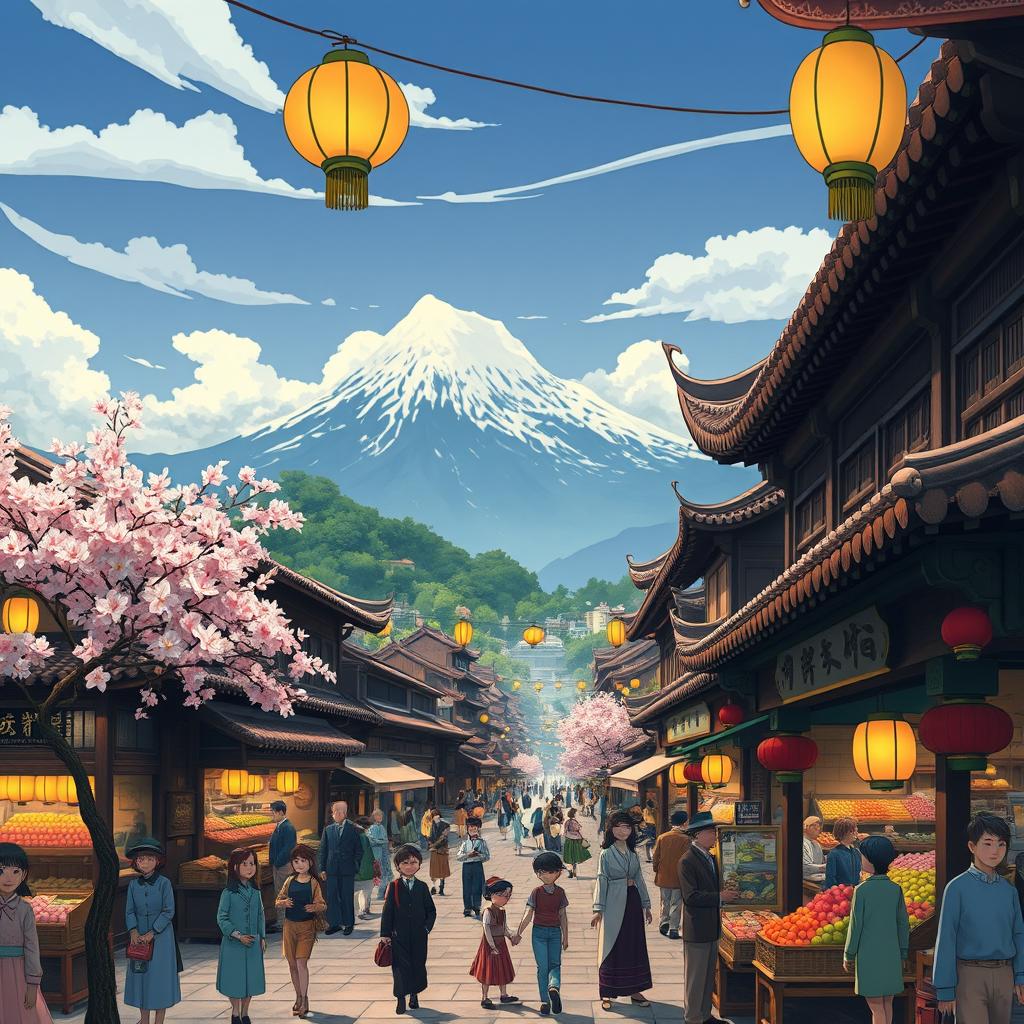 A vibrant 1920's era Chinese city depicted in the enchanting Studio Ghibli style