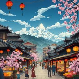 A vibrant 1920's era Chinese city depicted in the enchanting Studio Ghibli style