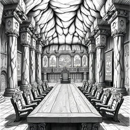 A detailed black and white drawing of a majestic senate room located within a grand dwarven cave