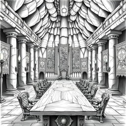 A detailed black and white drawing of a majestic senate room located within a grand dwarven cave