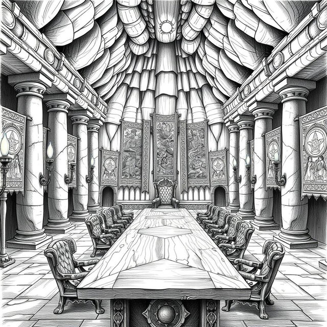 A detailed black and white drawing of a majestic senate room located within a grand dwarven cave
