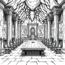 A detailed black and white drawing of a majestic senate room located within a grand dwarven cave