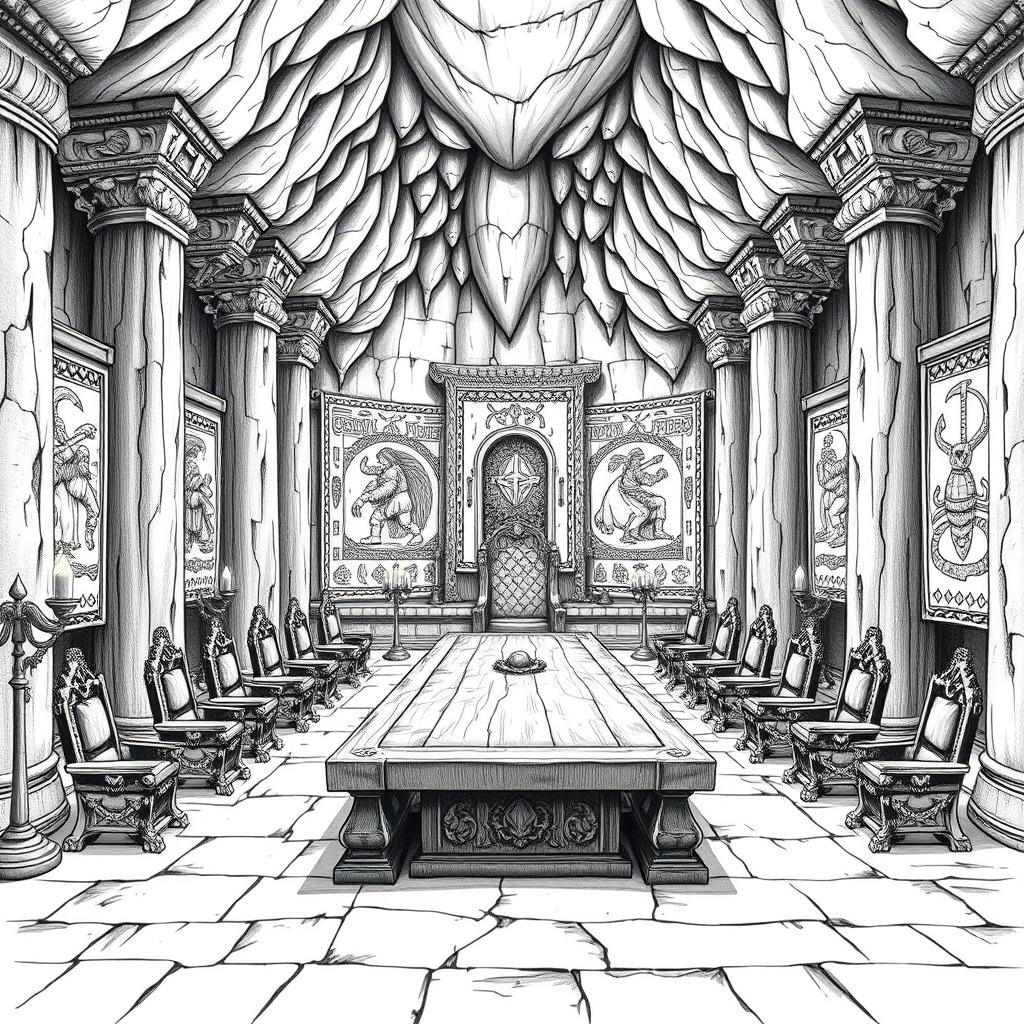 A detailed black and white drawing of a majestic senate room located within a grand dwarven cave