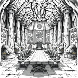 A detailed black and white drawing of a majestic senate room located within a grand dwarven cave