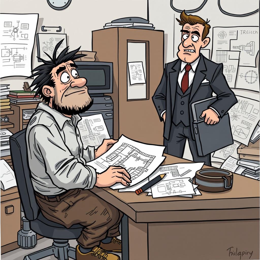 A cartoon depicting a hardworking engineer in tattered clothes, expressing determination and resilience despite his poverty