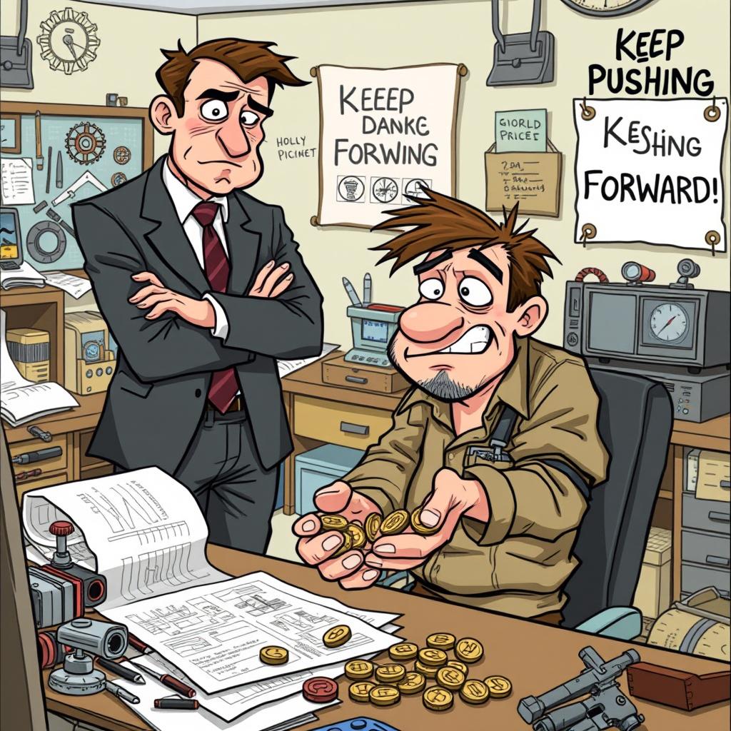 A humorous cartoon depicting a hard-working engineer in tattered clothes, showing determination and dedication to his job