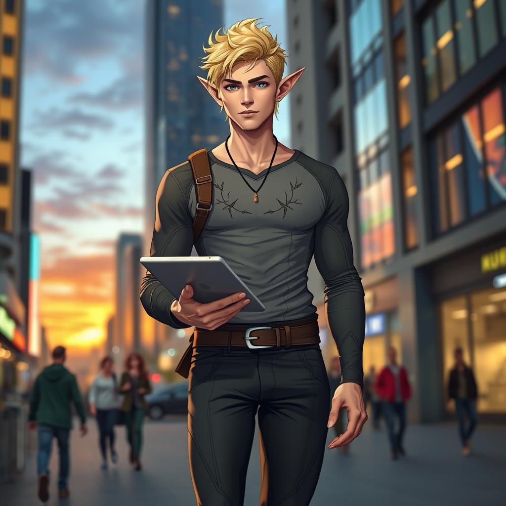 A modern male elf with striking blond hair, standing confidently in an urban setting