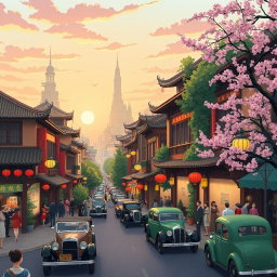 A vibrant 1920's era New York inspired Chinese city, illustrated in the whimsical and enchanting Studio Ghibli style