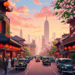 A vibrant 1920's era New York inspired Chinese city, illustrated in the whimsical and enchanting Studio Ghibli style