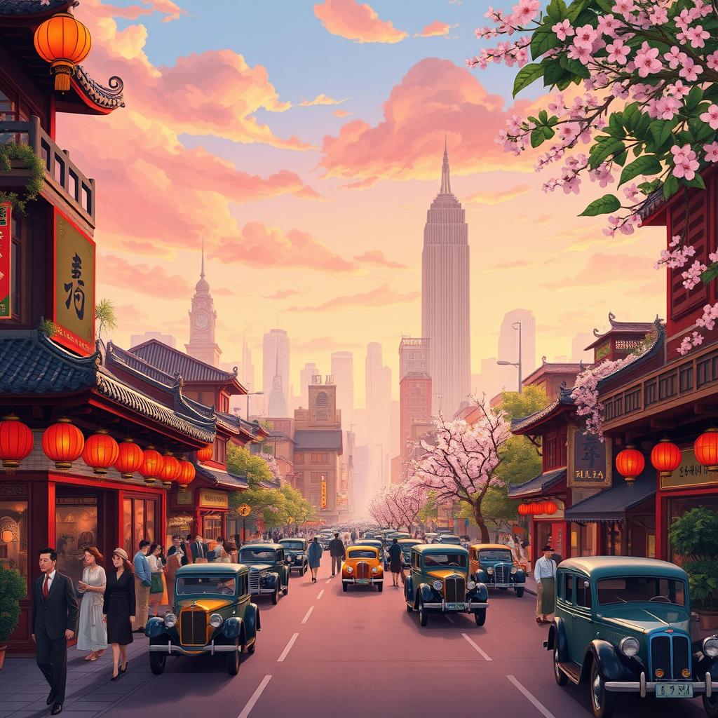 A vibrant 1920's era New York inspired Chinese city, illustrated in the whimsical and enchanting Studio Ghibli style