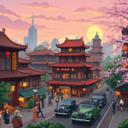 A vibrant 1920's era New York inspired Chinese city, illustrated in the whimsical and enchanting Studio Ghibli style