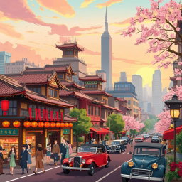 A vibrant 1920's era New York inspired Chinese city, illustrated in the whimsical and enchanting Studio Ghibli style