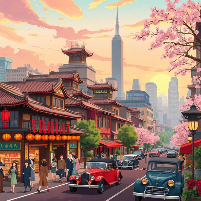 A vibrant 1920's era New York inspired Chinese city, illustrated in the whimsical and enchanting Studio Ghibli style