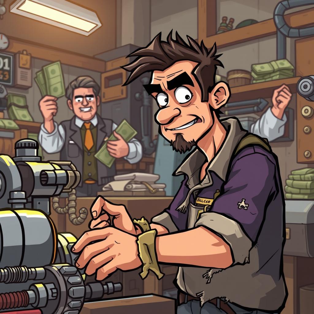 A cartoon illustration depicting a mechanical engineer who is working diligently in a workshop