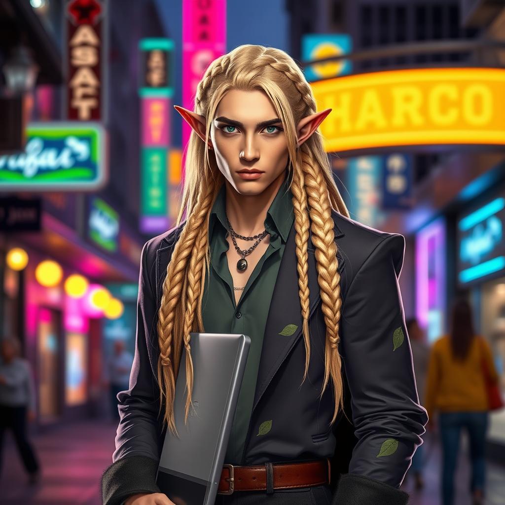 A modern male elf with long, braided blond hair, exuding a stylish and ethereal vibe