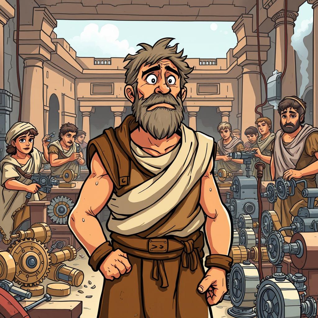 A cartoon depicting a mechanical engineer in the style of a Roman Empire scene
