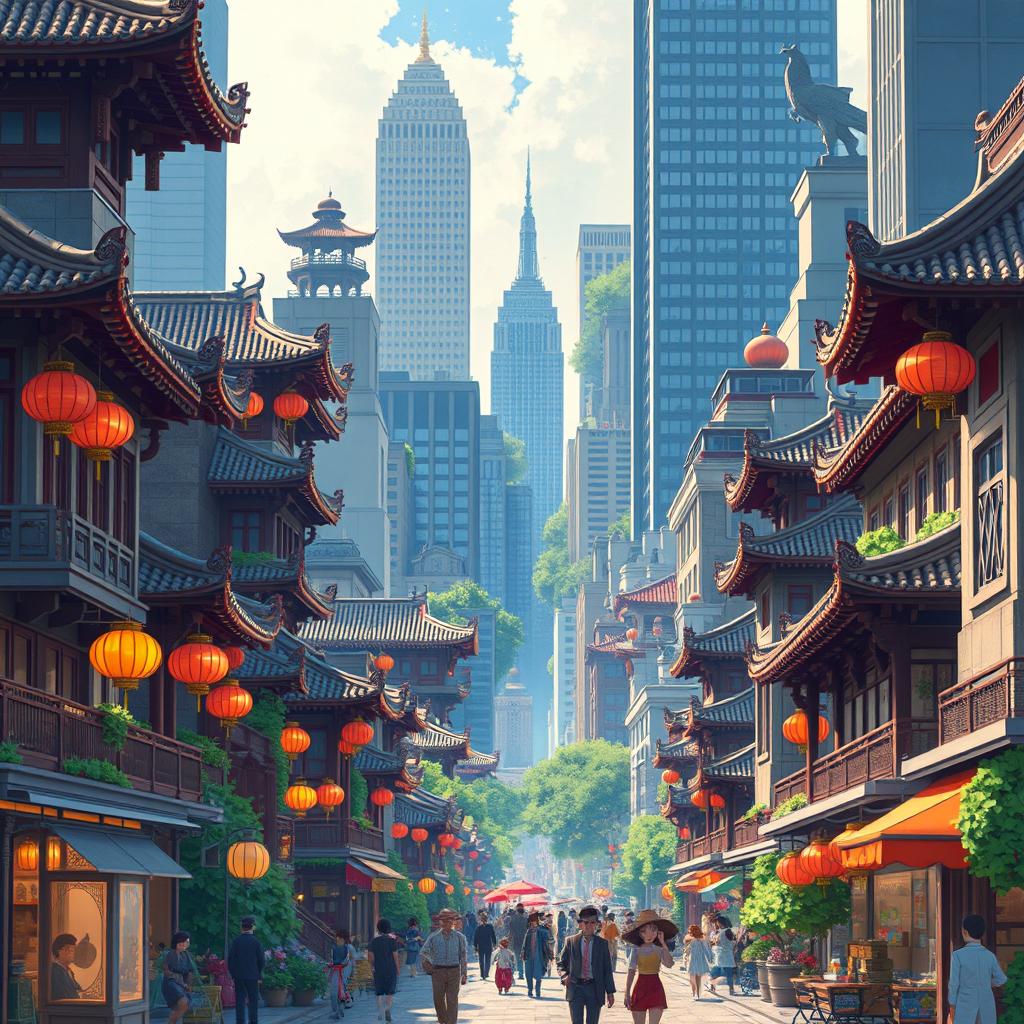 A lively scene of a 1920's era New York City, filled with towering buildings and bustling streets, embraced by stunning Chinese architecture elements such as intricate rooftops, vibrant red lanterns, and elegant pagodas