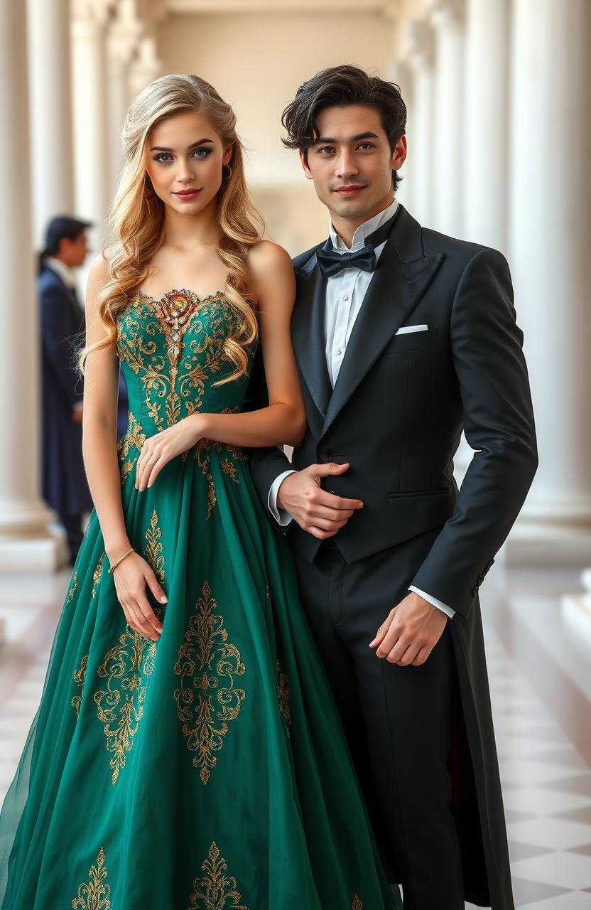 A 20-year-old blonde girl with blue eyes wearing a green ball gown adorned with golden elements, her hair cascading down