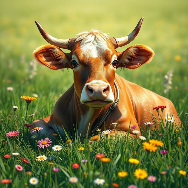 A beautiful and artistic representation of a stylish, elegant cow lounging in a lush green meadow, surrounded by colorful wildflowers