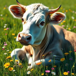 A beautiful and artistic representation of a stylish, elegant cow lounging in a lush green meadow, surrounded by colorful wildflowers