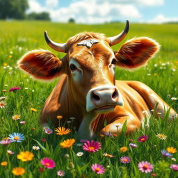 A beautiful and artistic representation of a stylish, elegant cow lounging in a lush green meadow, surrounded by colorful wildflowers
