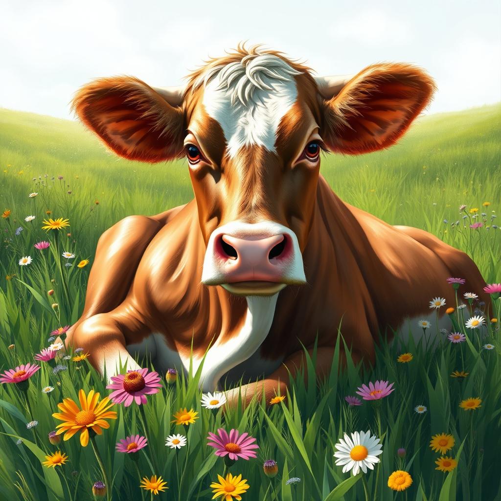 A beautiful and artistic representation of a stylish, elegant cow lounging in a lush green meadow, surrounded by colorful wildflowers