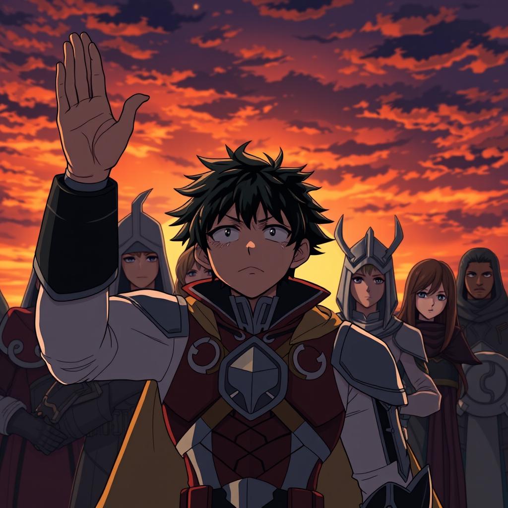 Deku from My Hero Academia saying farewell to the KNIGHT clan, capturing a tense and emotional atmosphere