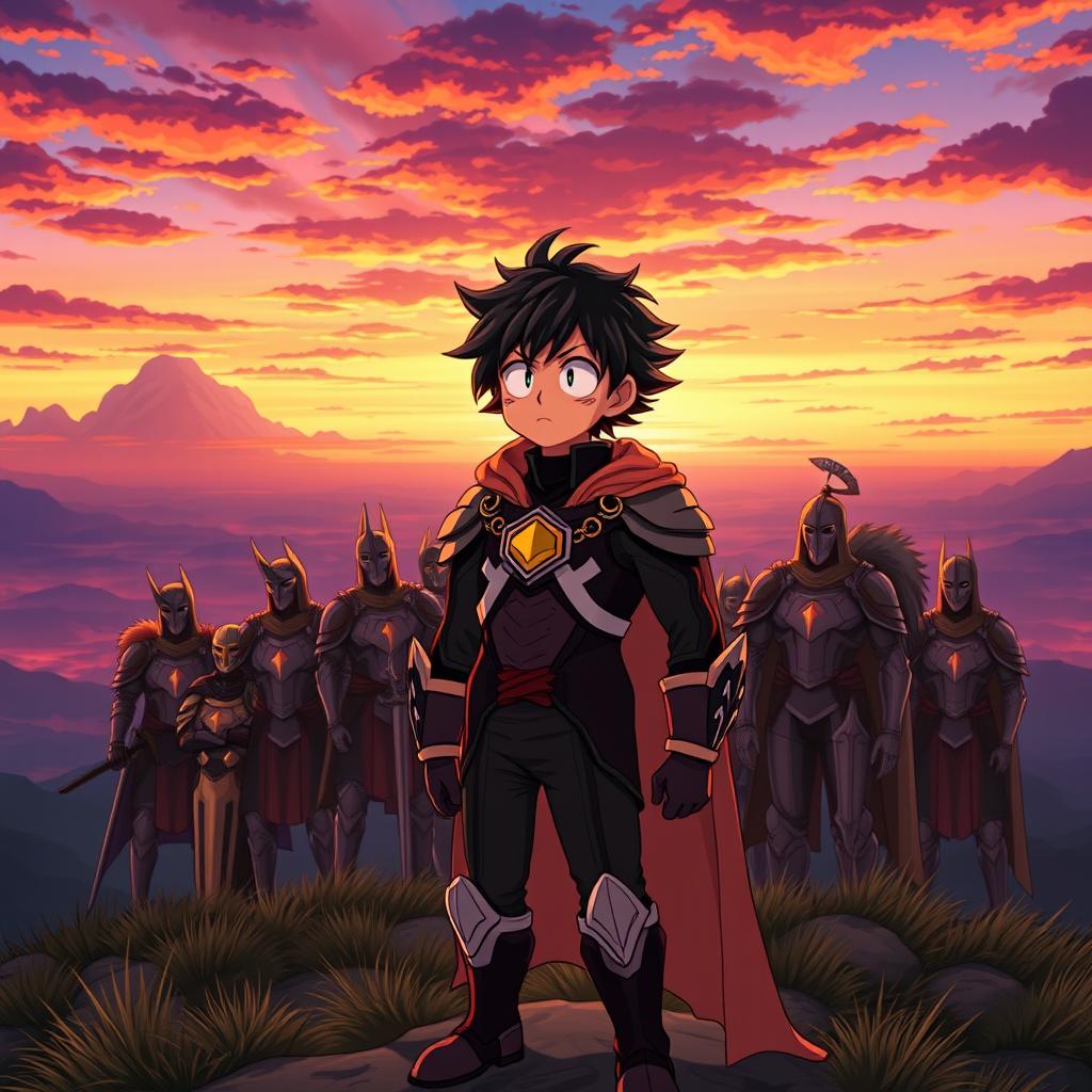 Deku from My Hero Academia delivering a heartfelt farewell to the KNIGHT clan, set against a breathtaking backdrop of a twilight sky filled with vibrant shades of orange and purple