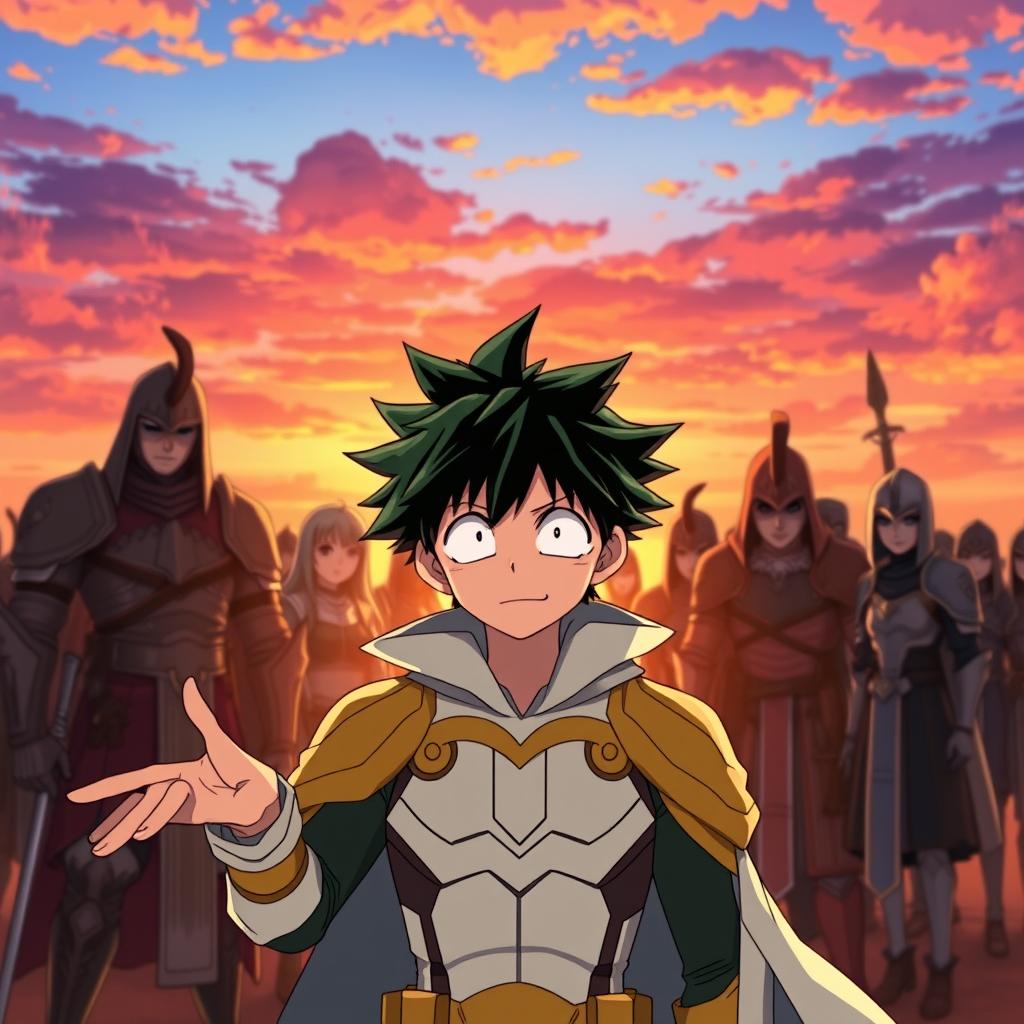 Deku from My Hero Academia in a poignant farewell scene with the KNIGHT clan, set against a breathtaking sunset sky, rich with hues of orange, pink, and purple