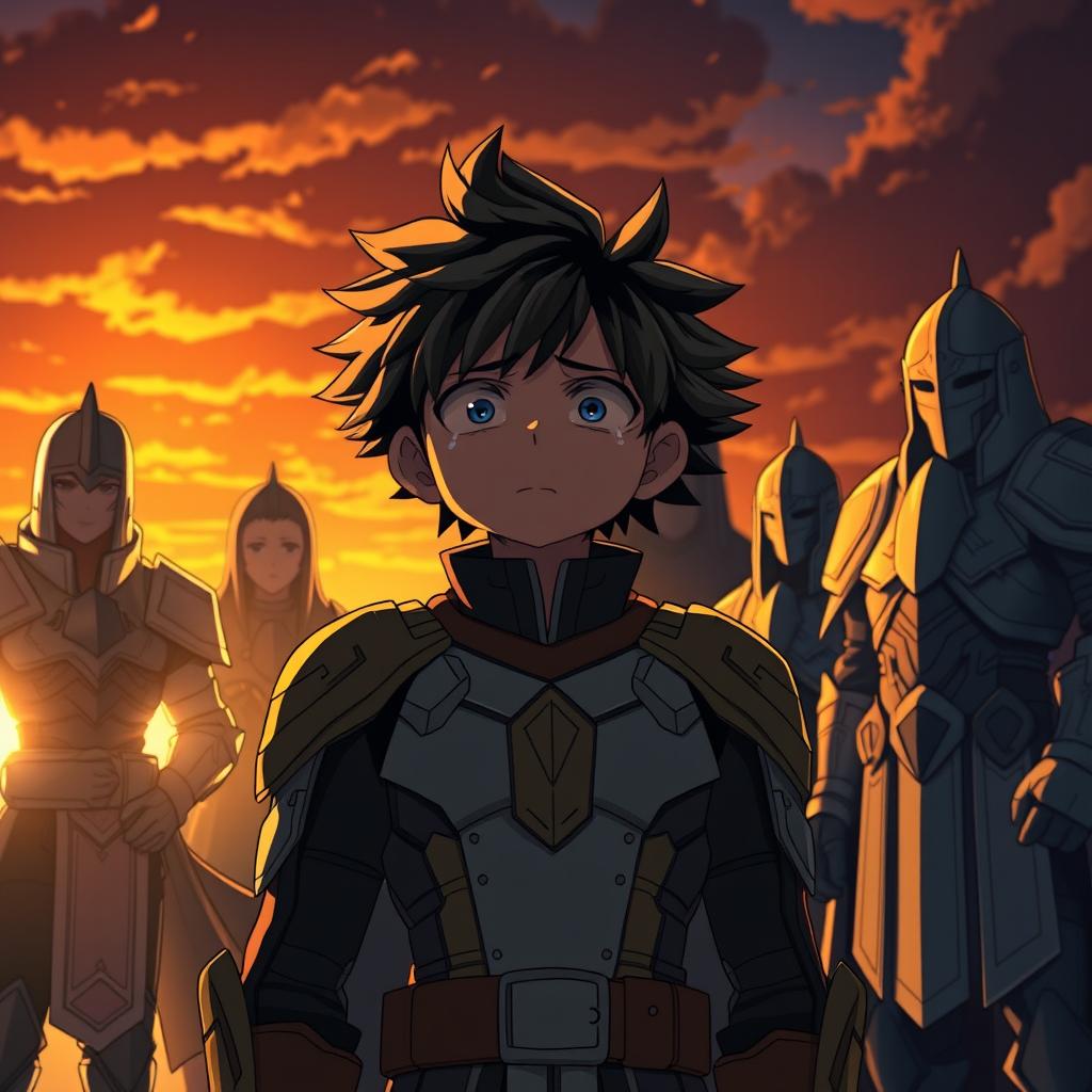 A heartfelt and melancholic farewell scene featuring Deku from My Hero Academia as he bids a sorrowful goodbye to the KNIGHT clan