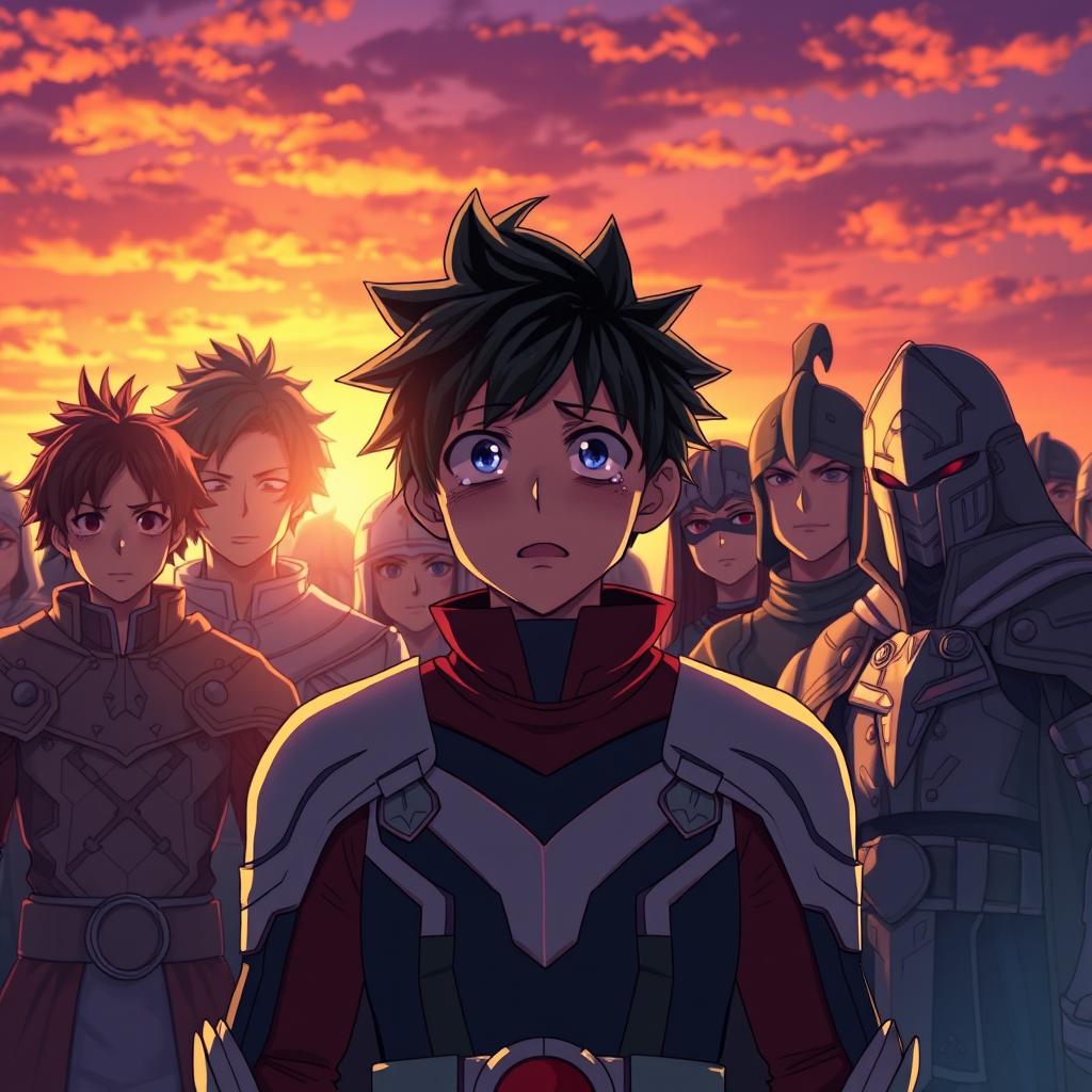 A touching and sorrowful scene capturing Deku from My Hero Academia as he says a final goodbye to the KNIGHT clan