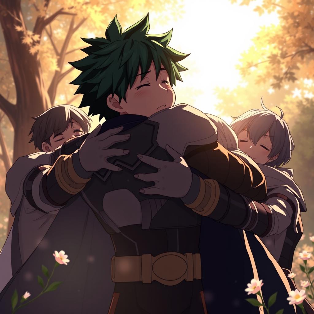 A powerful and emotional moment depicting Deku from My Hero Academia, feeling sad as he embraces the entire KNIGHT clan in a heartfelt group hug