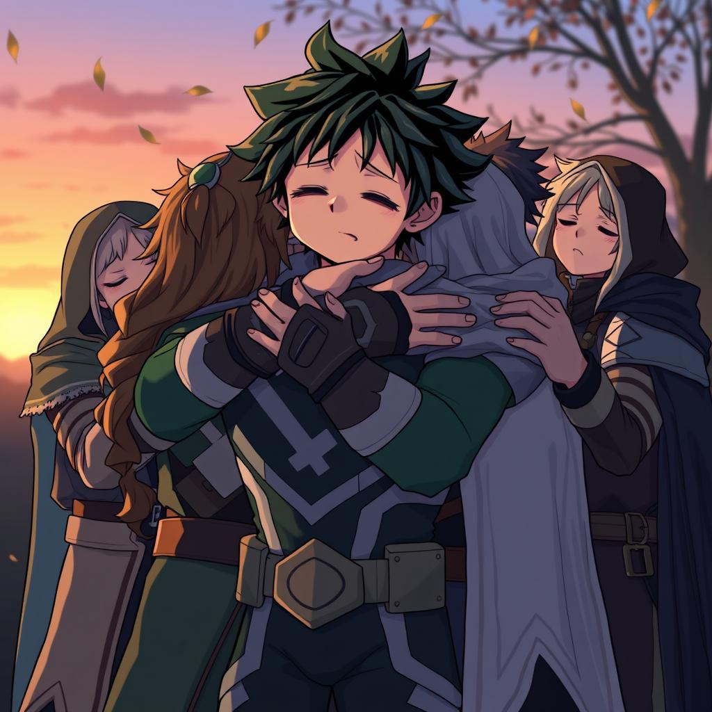 An emotional and poignant moment depicting Deku from My Hero Academia as he embraces the entire KNIGHT clan in a sad yet touching group hug
