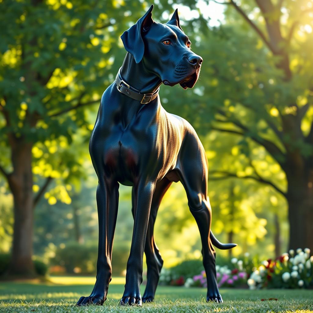 A majestic black humanoid Great Dane standing tall, with a sleek, muscular body resembling that of a human