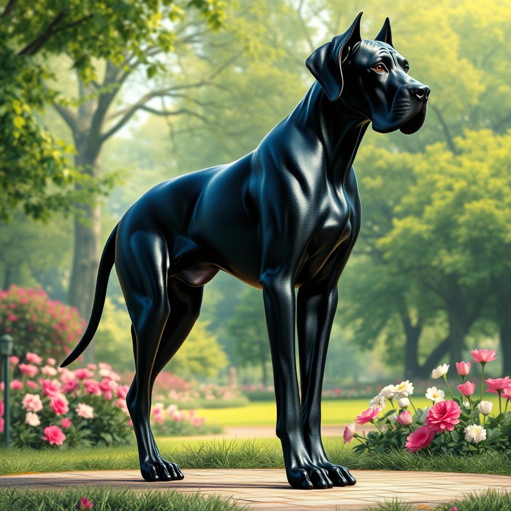 A majestic and imposing black humanoid figure inspired by a Great Dane, featuring sleek, muscular limbs and a tall, elegant stance