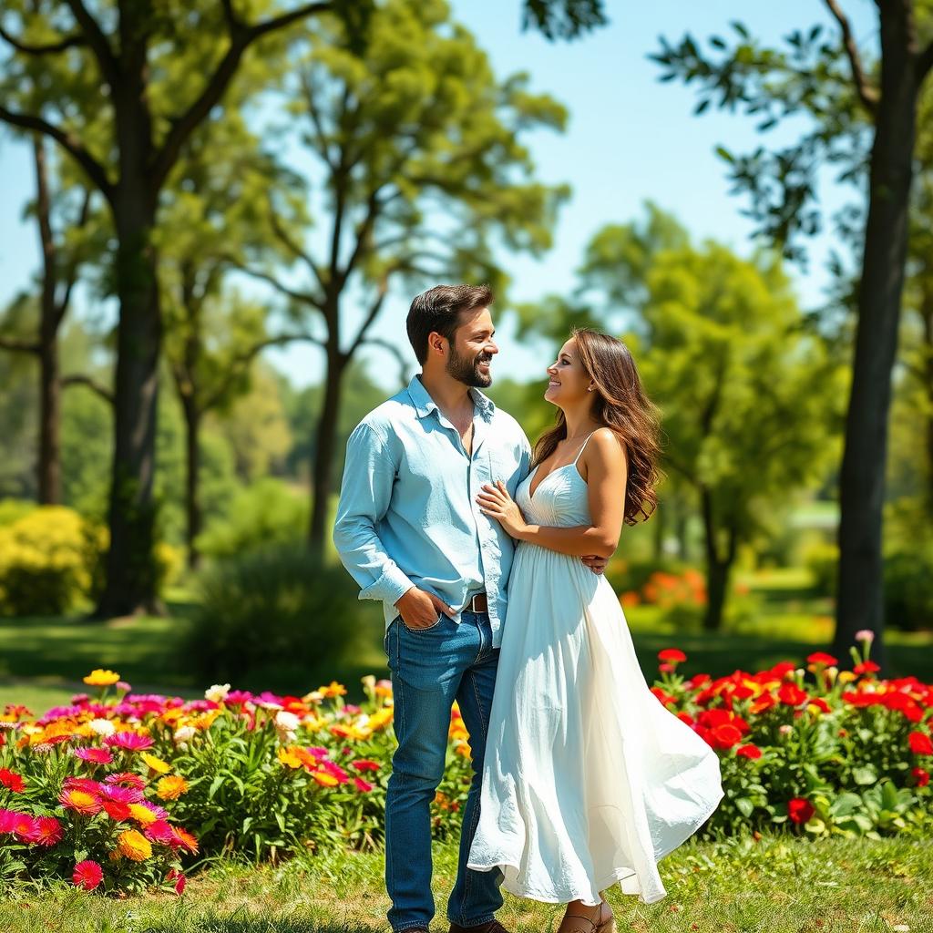 A couple in a picturesque scenic background, featuring a lush green park with vibrant flowers and tall trees