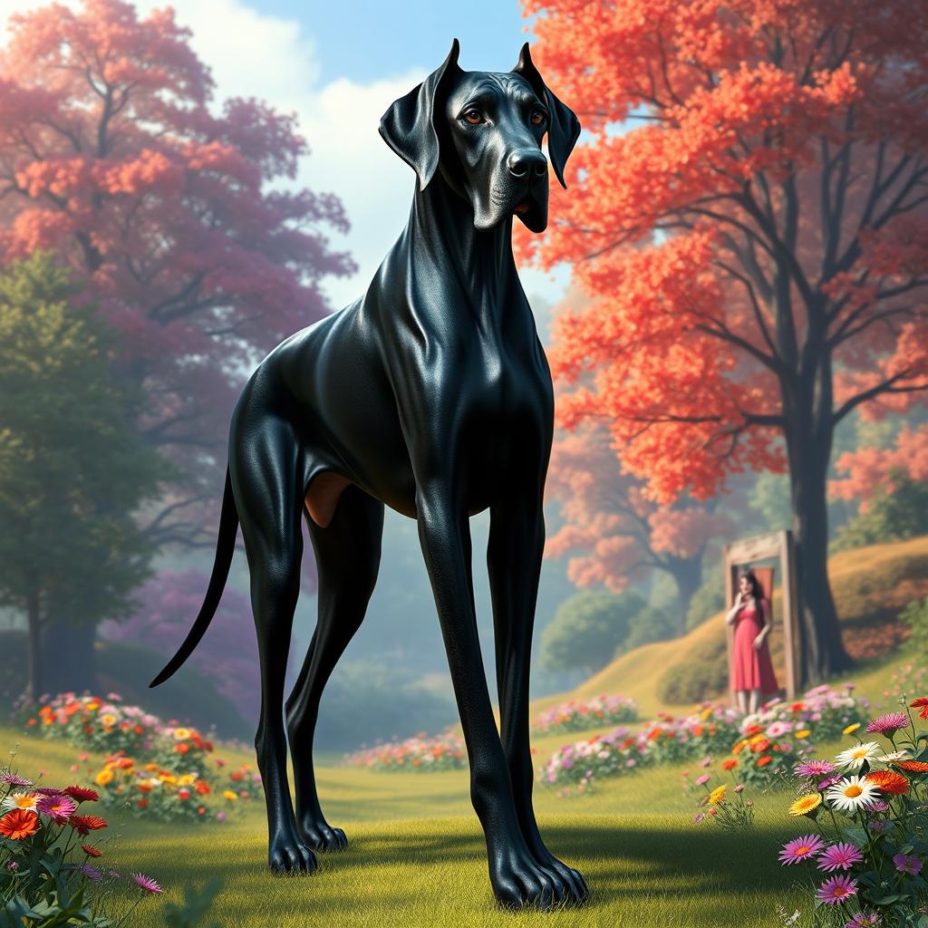 A striking black bipedal Great Dane, showcasing a tall and proud stance