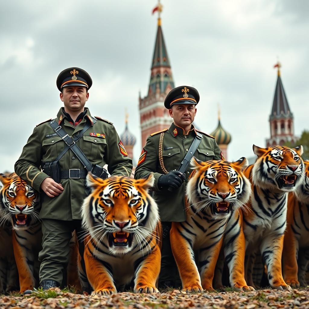 A striking scene depicting two heroic figures, Denis Whiterex and Alexander Fortuna, both clad in detailed Ukrainian military uniforms, standing confidently in front of the iconic Kremlin architecture