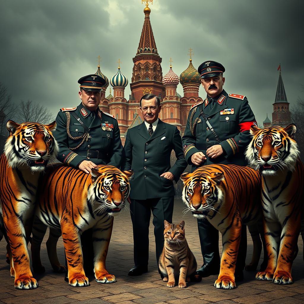 A dramatic scene depicting Denis Whiterex and Alexander Fortuna dressed in detailed German military uniforms, confidently standing in front of the iconic Kremlin with its striking architecture in the background