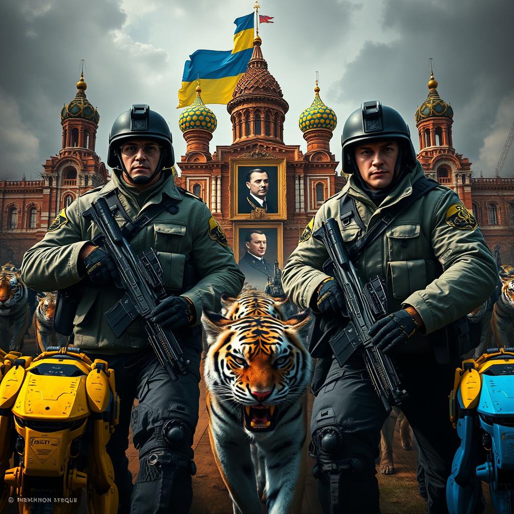 Denis Vaitrecs and Alexander Fortuna launching an epic takeover of the Kremlin, both dressed in modern Ukrainian military uniforms