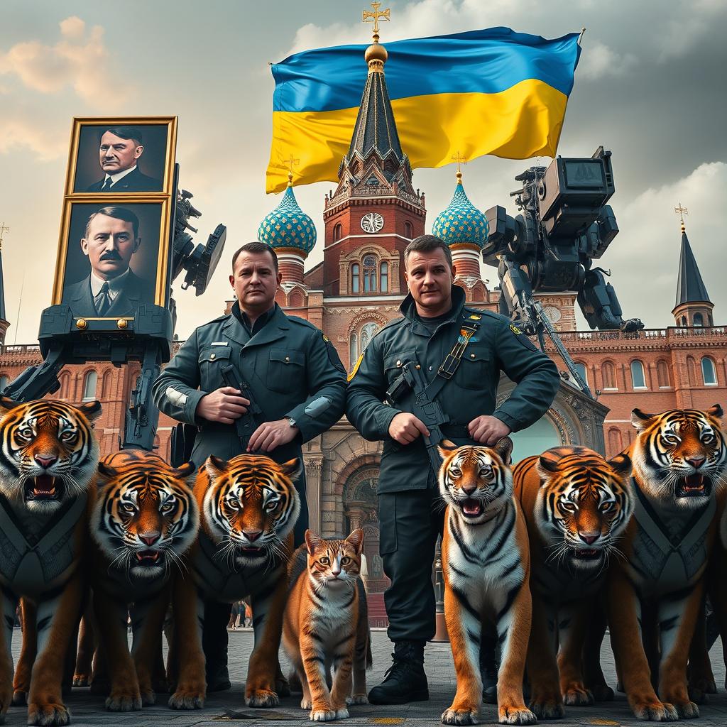 Denis Whiterex and Alexander Fortuna standing confidently, donning modern Ukrainian military uniforms, surrounded by a pack of fierce tigers and a friendly domestic cat