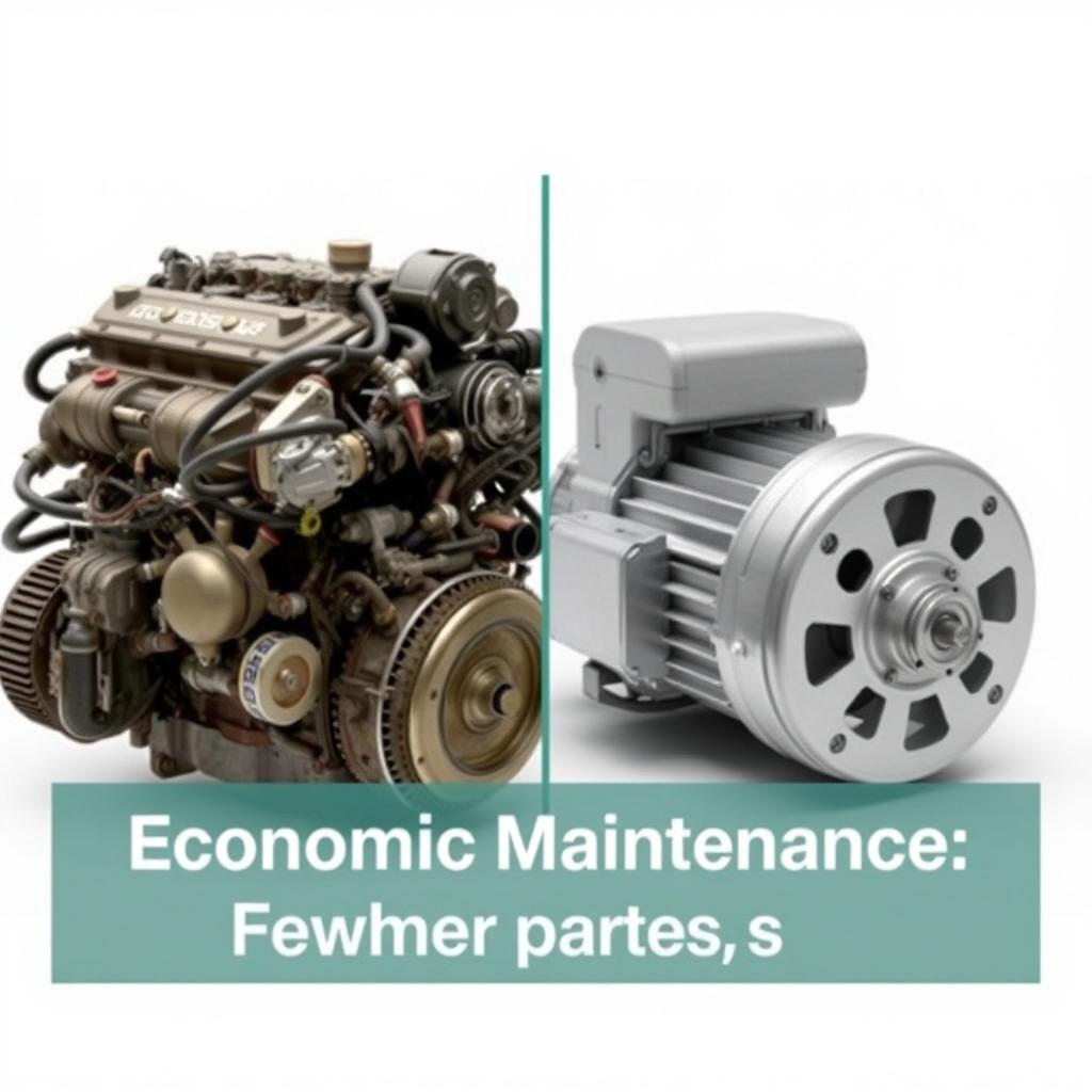 A side-by-side comparison of a traditional internal combustion engine with many complex parts on the left, and a clean and simple electric motor on the right