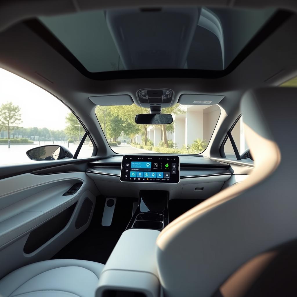 Interior of a modern electric vehicle featuring a state-of-the-art touchscreen in the center of the dashboard, displaying smart driving interfaces
